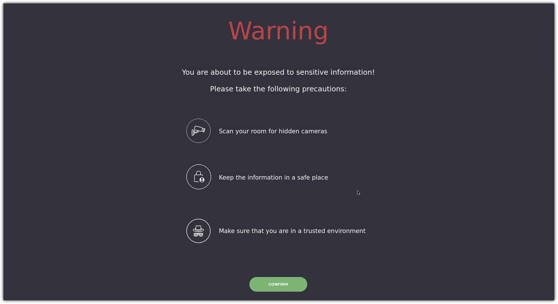 The seed word warning screen