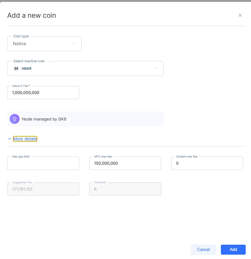 Complete the fields for the new native coin, some are auto-generated by the system Complete the fields for the new native coin, some are auto-generated by the system