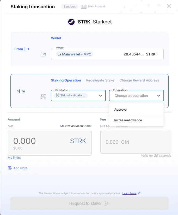 The staking transaction pane