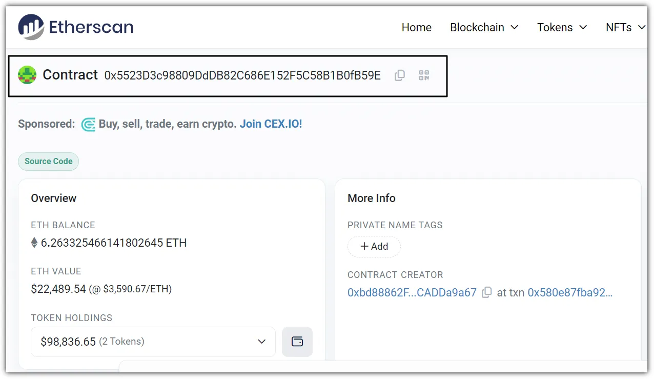 A smart contract on Ethercscan with the address highlighted