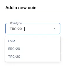 The Coin type drop down menu