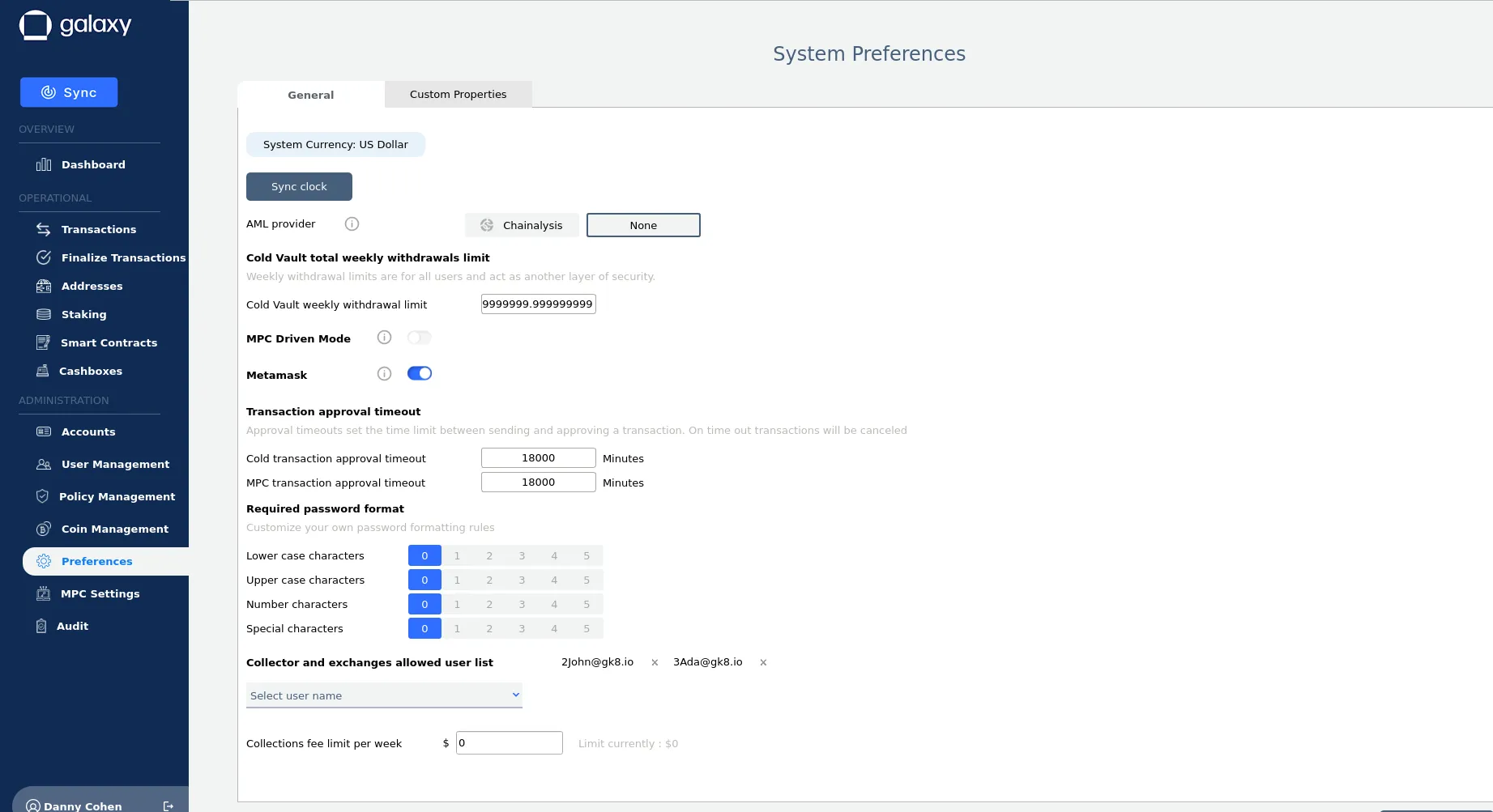 Collector allowed user list at the preferences screen