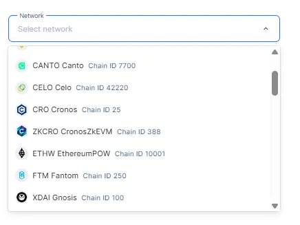 The coins list in the Network drop down list