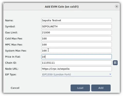 A populated Add EVM Coin dialog A populated Add EVM Coin dialog