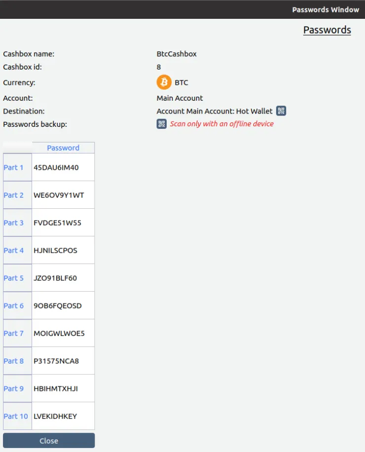 A ten-part password table for a single Cashbox destination A ten-part password table for a single Cashbox destination