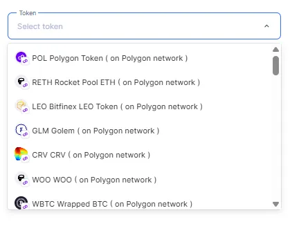 The tokens list in the Tokens drop down list