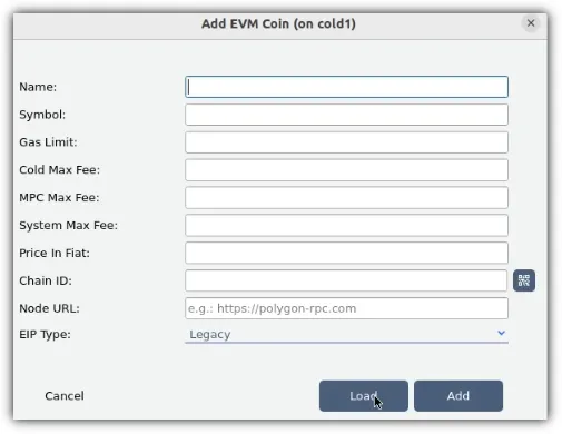 The Add EVM Coin dialog The Add EVM Coin dialog