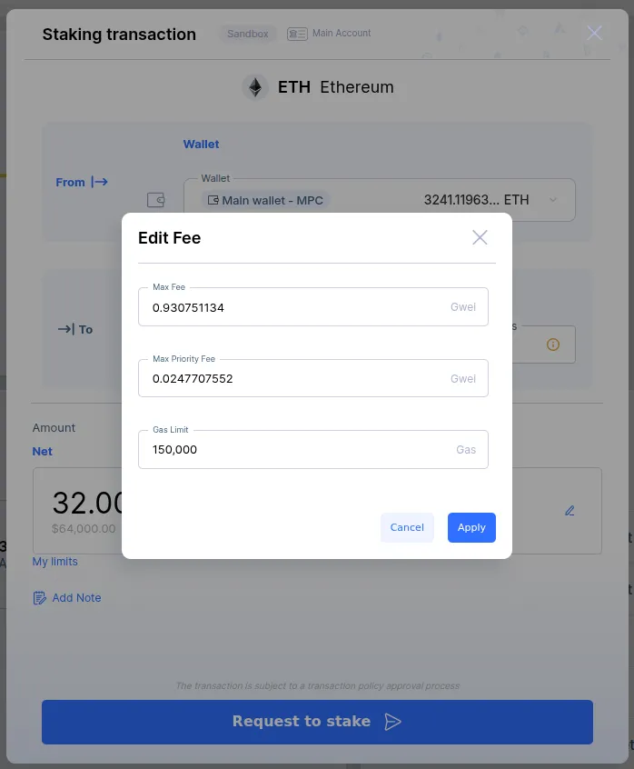 Stake ETH set custom fees