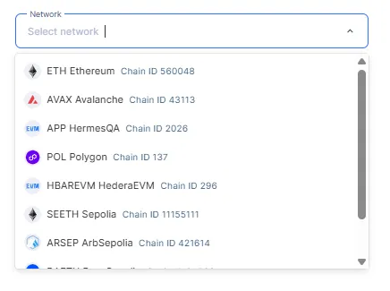 The coins list in the Network drop down list