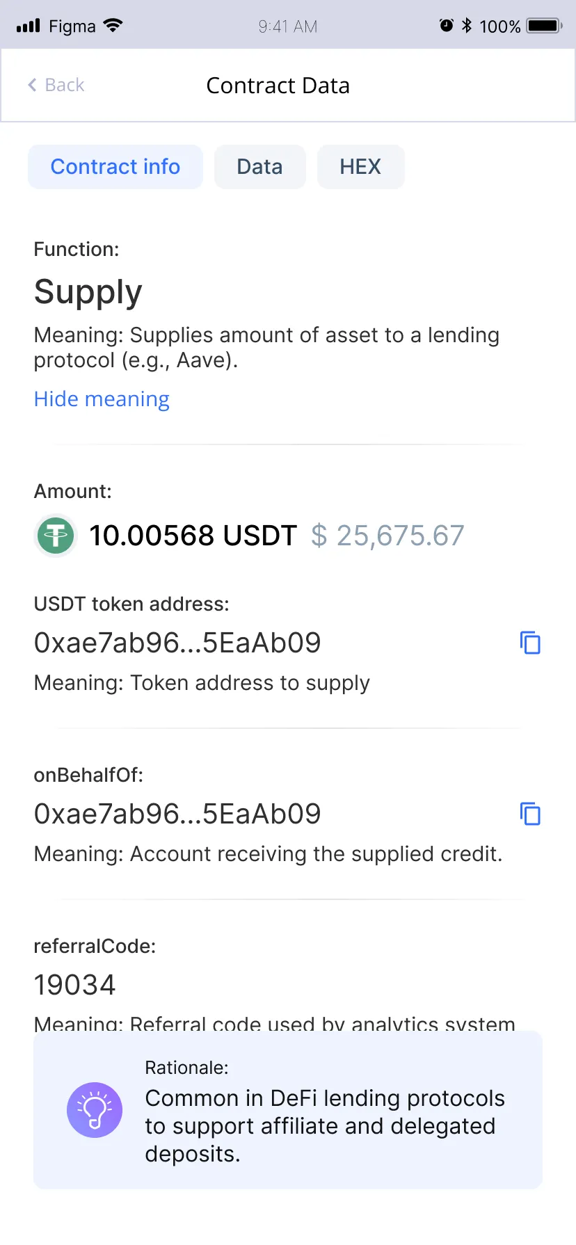 The iOS app Contract Data screen which can display data as SImplified Contract Data, JSON or HEX