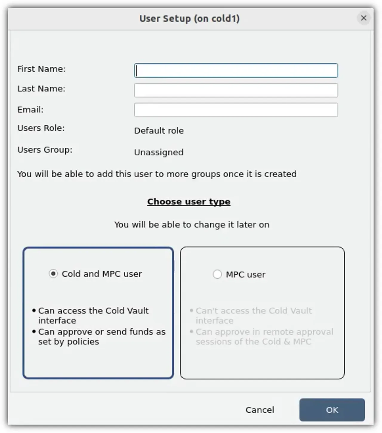 The User Setup popup