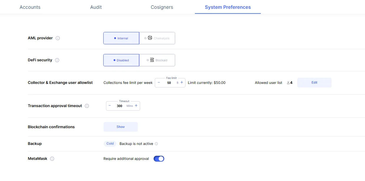 A screenshot of the “uMPC system preferences” page, showing various cryptocurrency-related settings. The AML provider is set to Chainalysis with options for MPC or Cold. There is a collector & exchange user allowlist featuring a weekly fee limit of 30 and an allowed user list of 10. The transaction approval timeout is set to 2480 minutes. Other sections include blockchain confirmations, an inactive backup status, and a Metamask institutional toggle requiring additional approval.