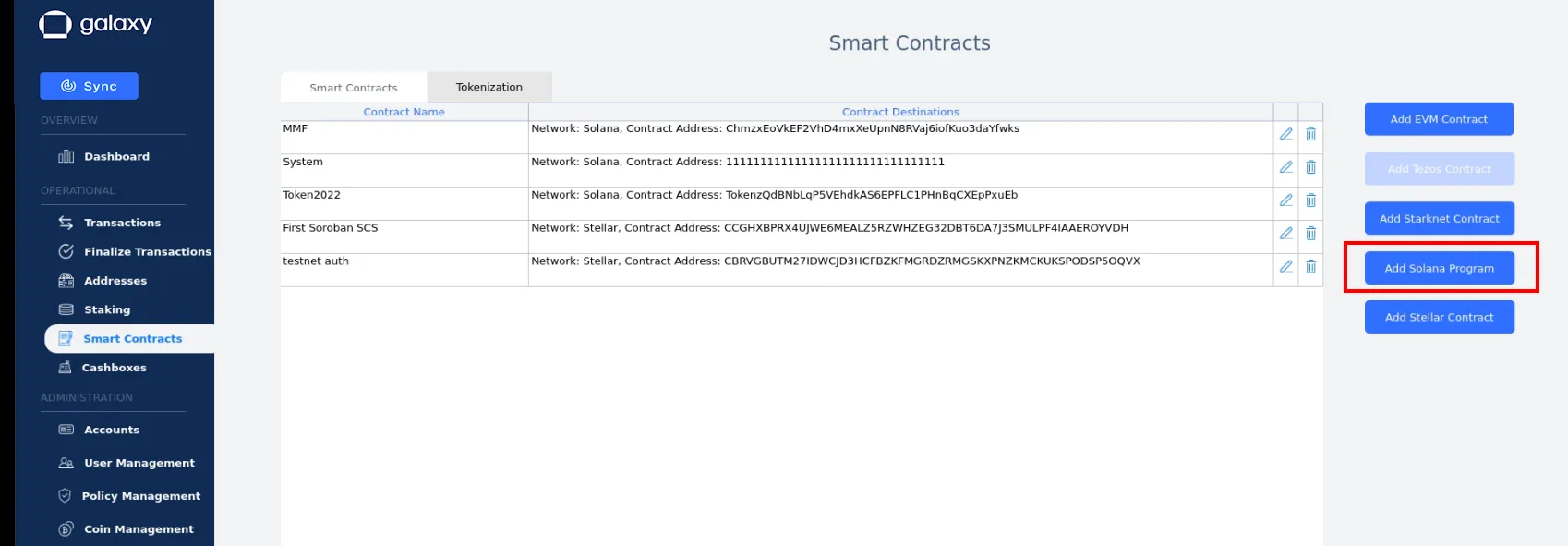 Add a Solana smart contract program in the Smart Contracts page Add a Solana smart contract program in the Smart Contracts page