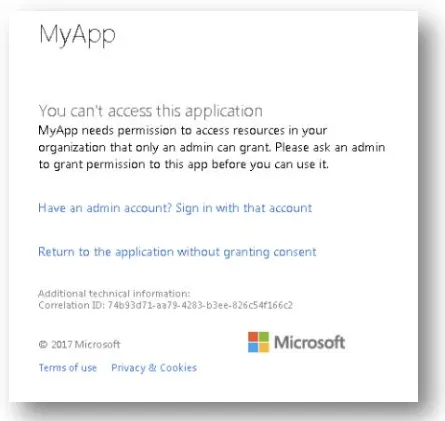 A login message which includes text such as 'You can't access this application' and 'MyApp needs permission to access resources in your organization that only an admin can grant. Please ask an admin to grant permission to this app before you can use it.'