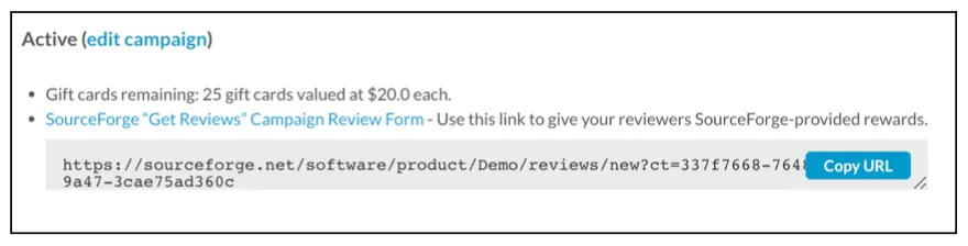 This is what the section where you can grab your incentivized review link in your reviews tab will look like. This is not your actual incentivized review link. Log in to your SourceForge admin section to copy your specific link.