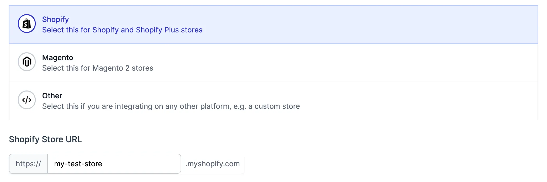 With Test mode switched on; specifying the test store URL With Test mode switched on; specifying the test store URL