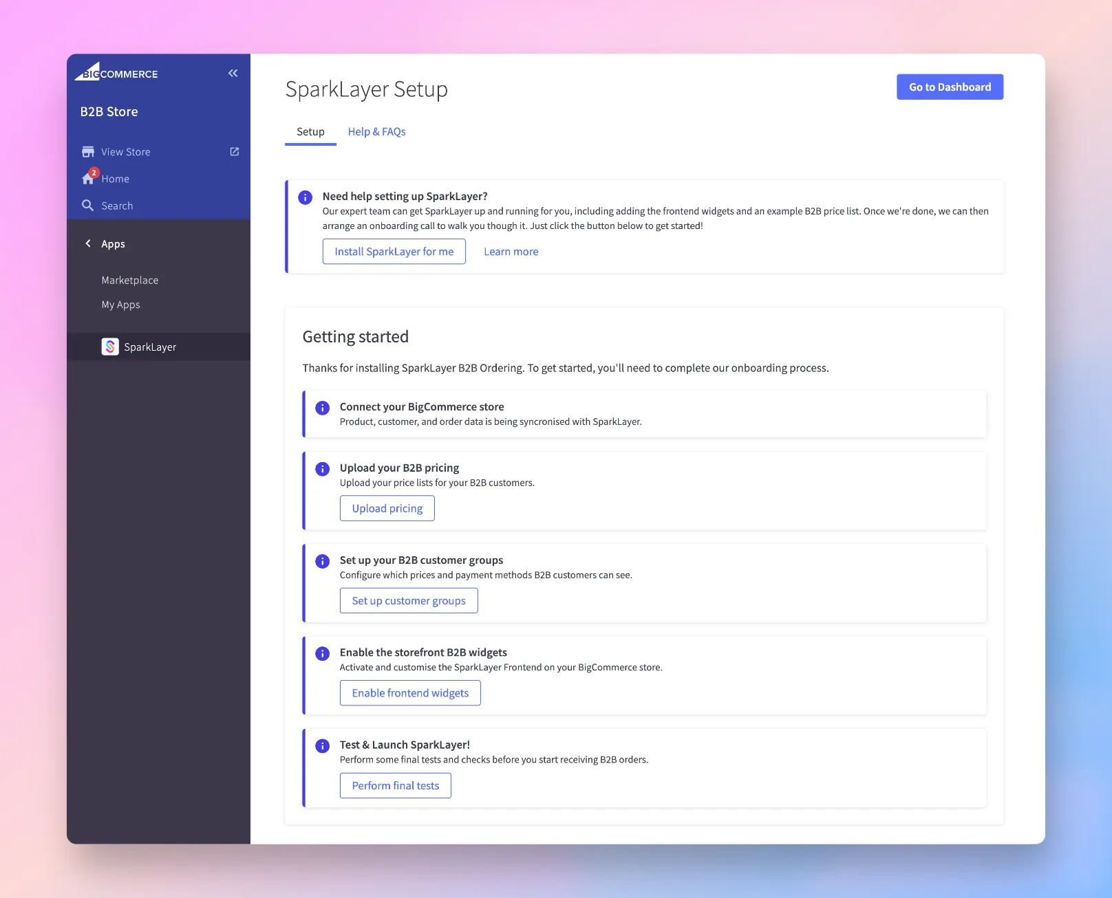 The SparkLayer Onboarding process within BigCommerce The SparkLayer Onboarding process within BigCommerce
