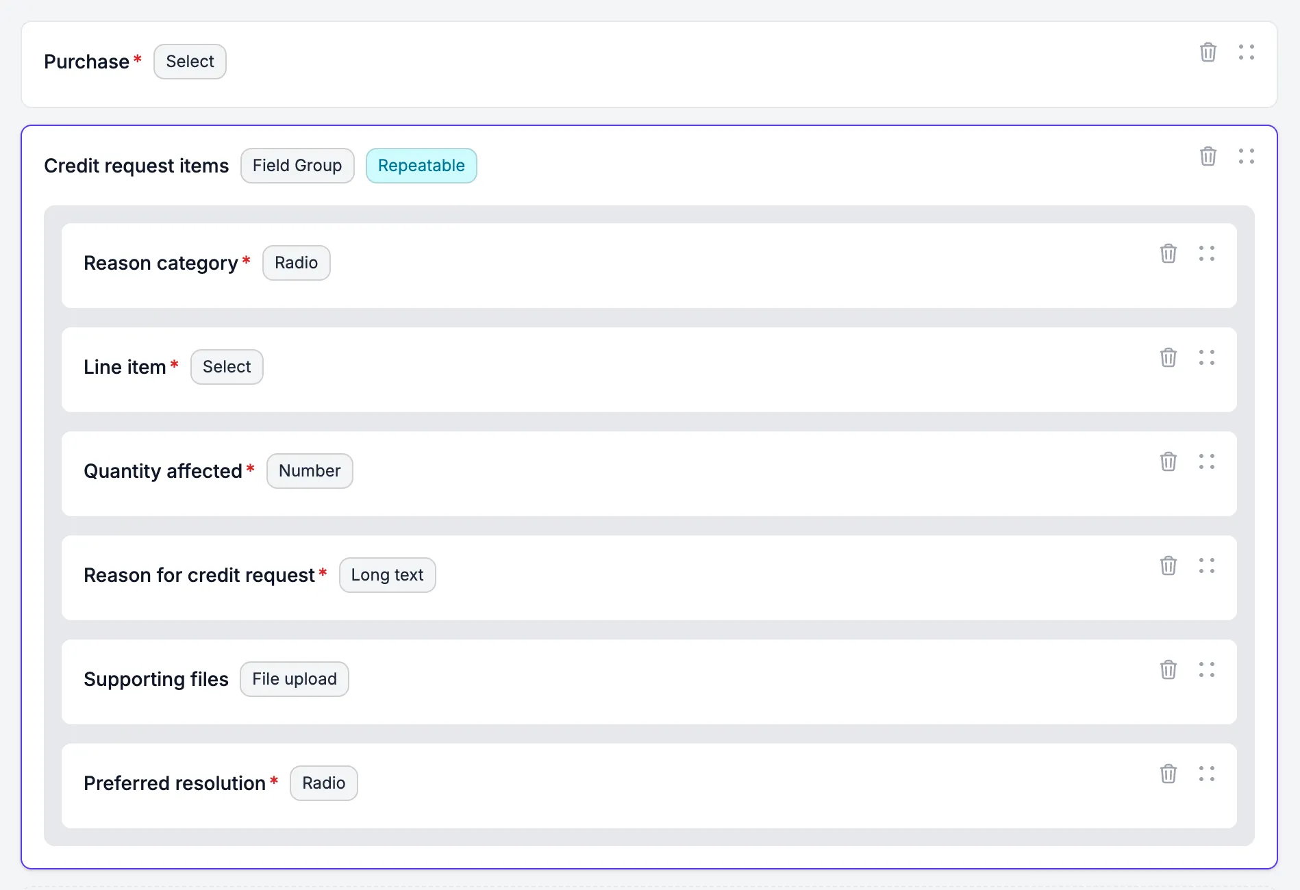Example form fields setup