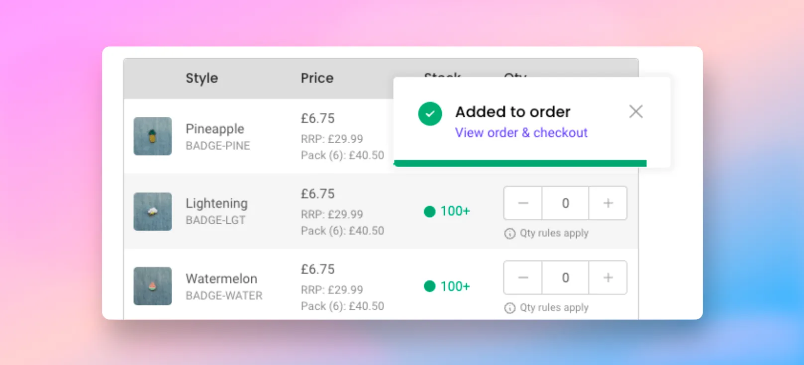 The notification that shows when adding a product to an order The notification that shows when adding a product to an order