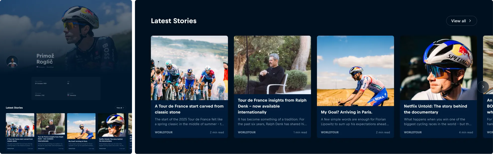 Carousel placed mid-page on an athlete detail page linking to related stories. Carousel placed mid-page on an athlete detail page linking to related stories.