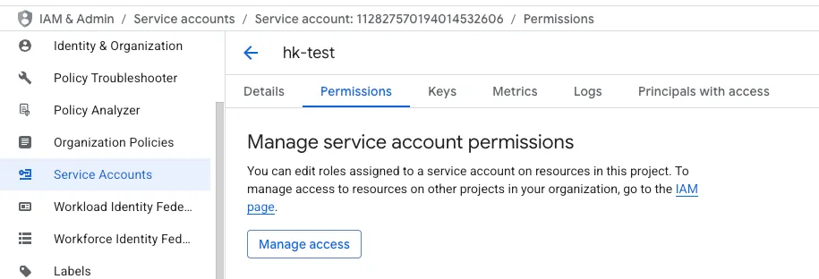 Permissions tab for a GCP service account