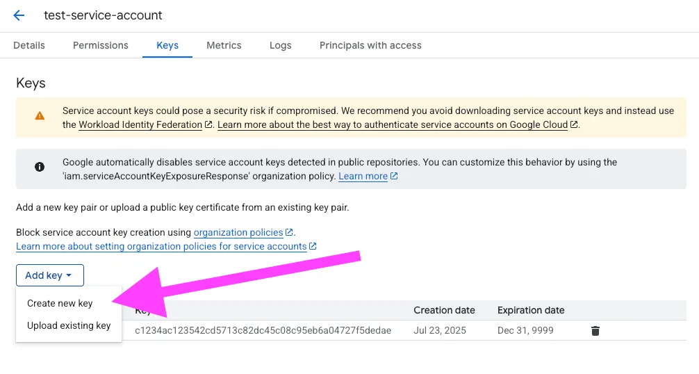 Create new key in GCP