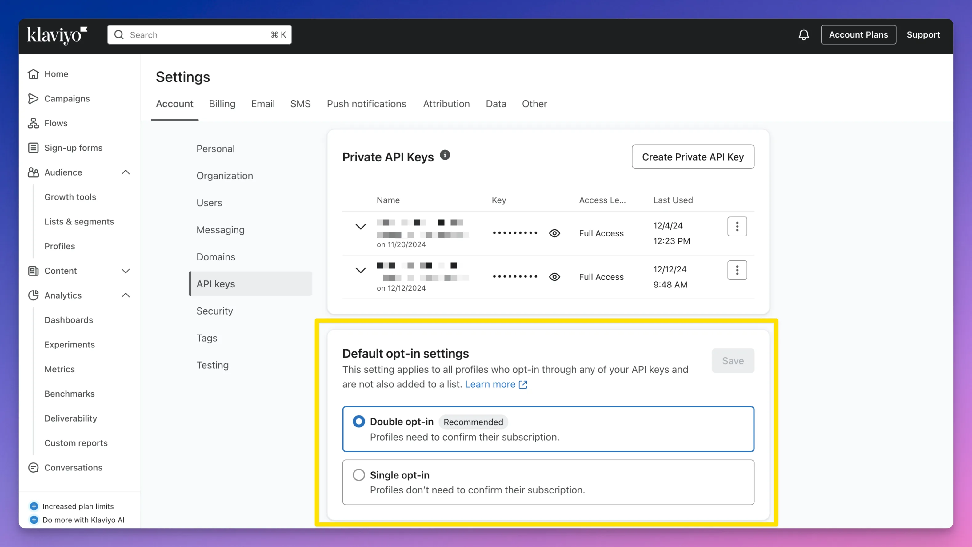 Klaviyo API opt-in setting in Klaviyo