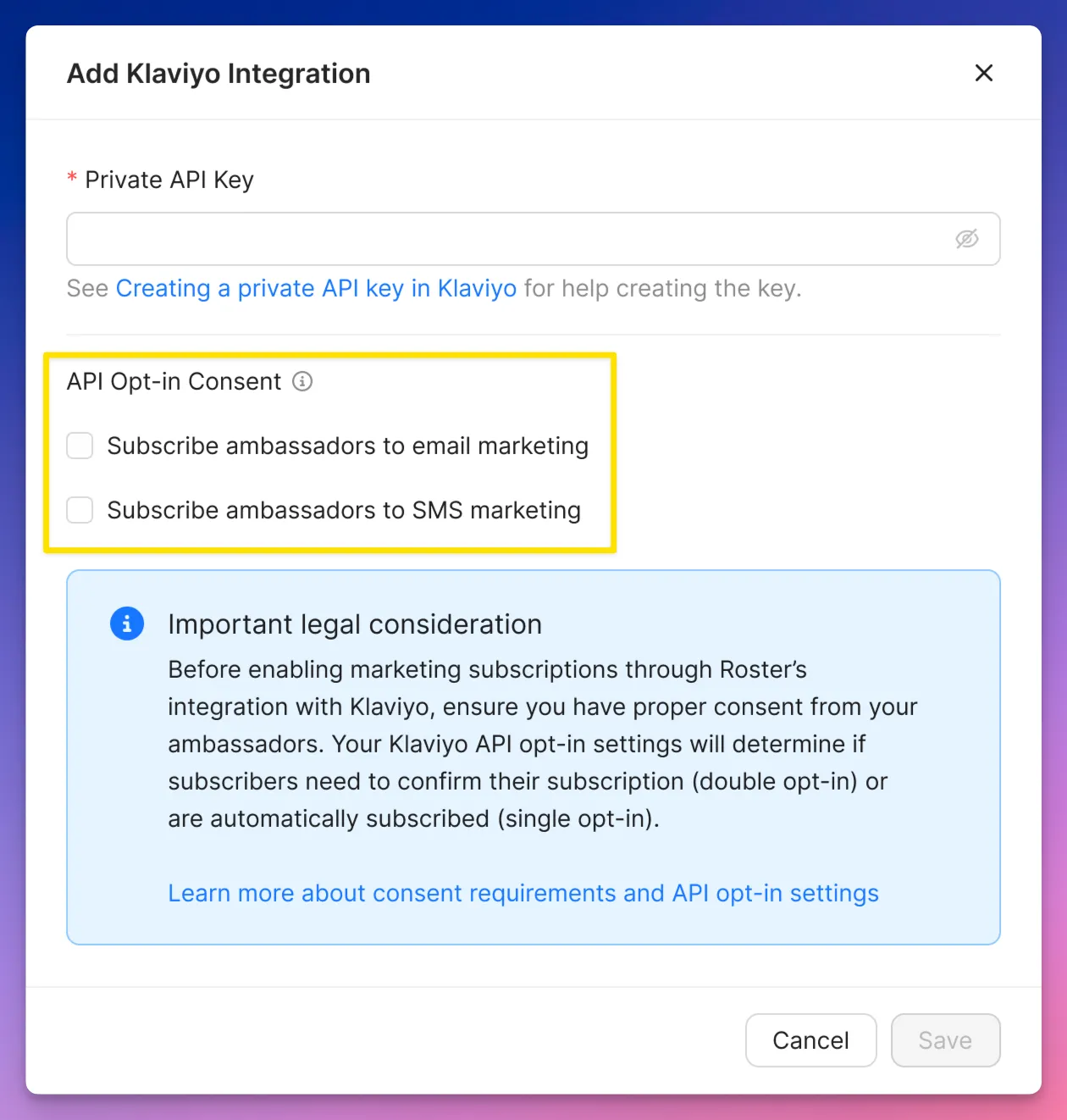 Roster + Klaviyo opt-in setting