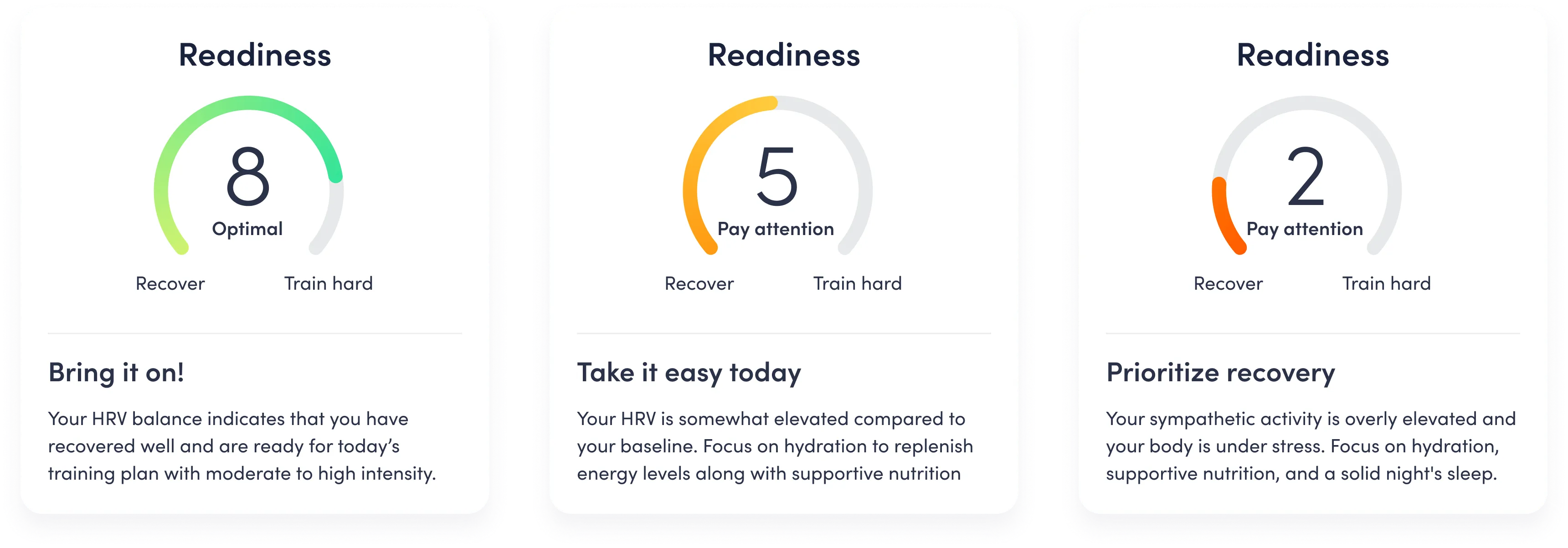 Examples of Readiness scores in an app card for a fitness-oriented app. Examples of Readiness scores in an app card for a fitness-oriented app.