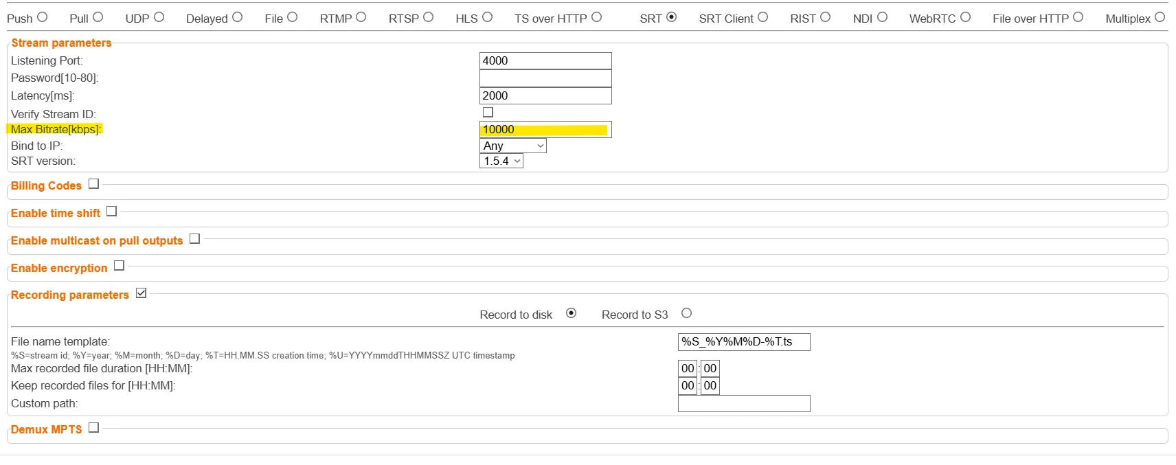 Stream configuration with max bitrate