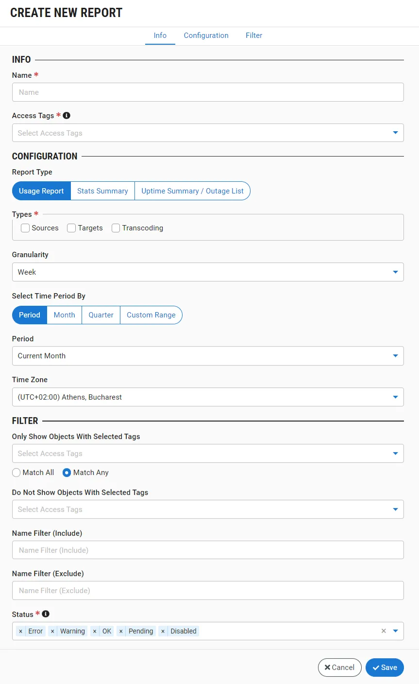 Create New Report window Create New Report window
