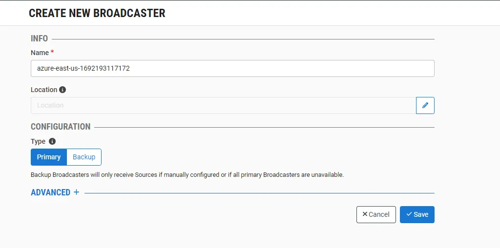 Create New Broadcaster screen
