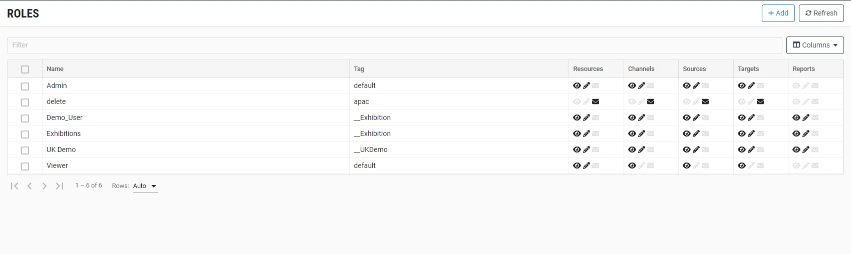 Roles screen