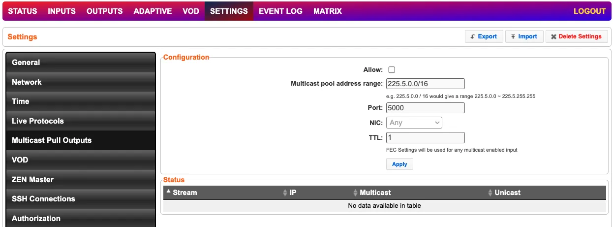 ZEC Multicast Pull Outputs Settings