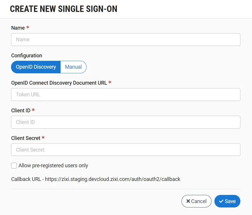 Create New Single Sign-On screen 
