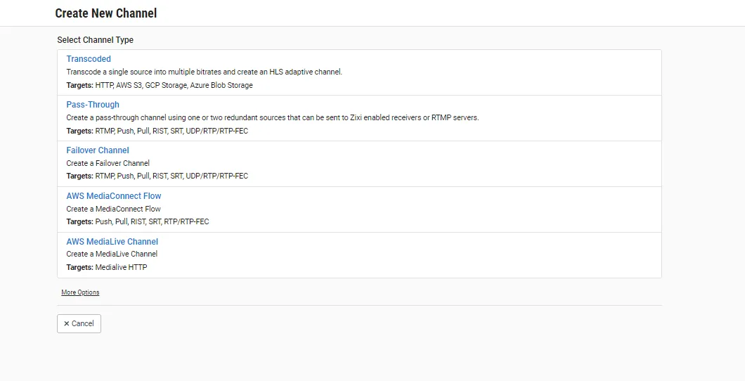 Create New Channel selection menu