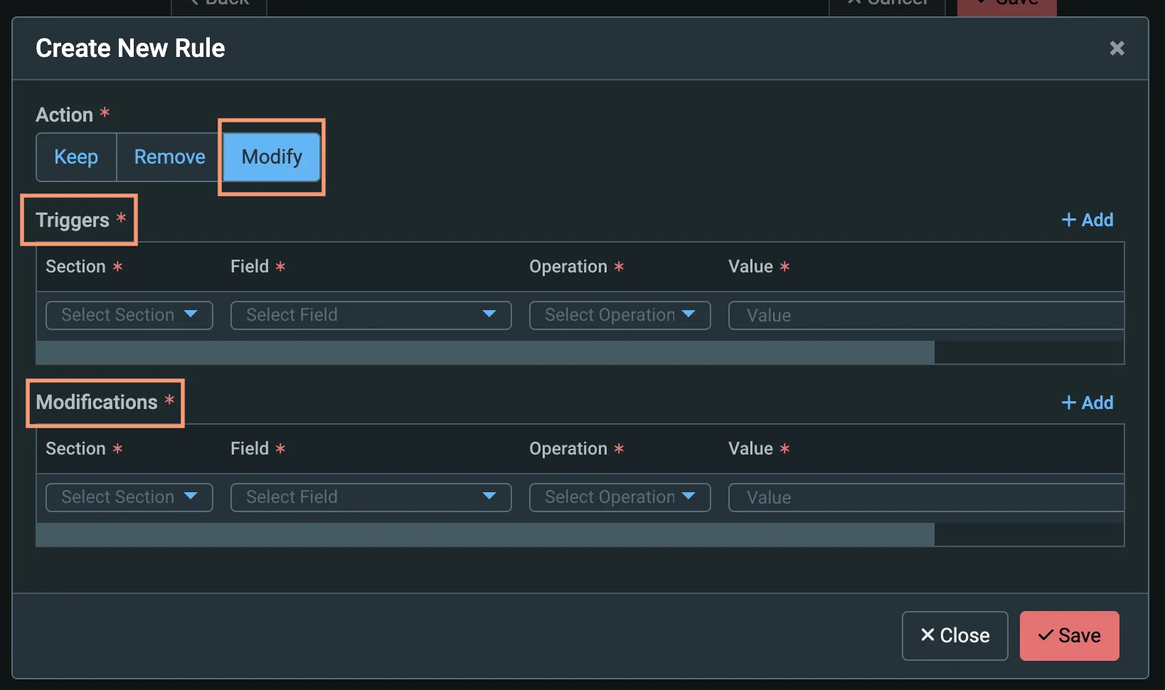 Trigger/Modifications for Modify Action