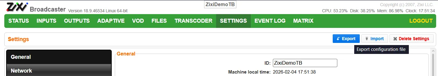 Screenshot Export configuration file button