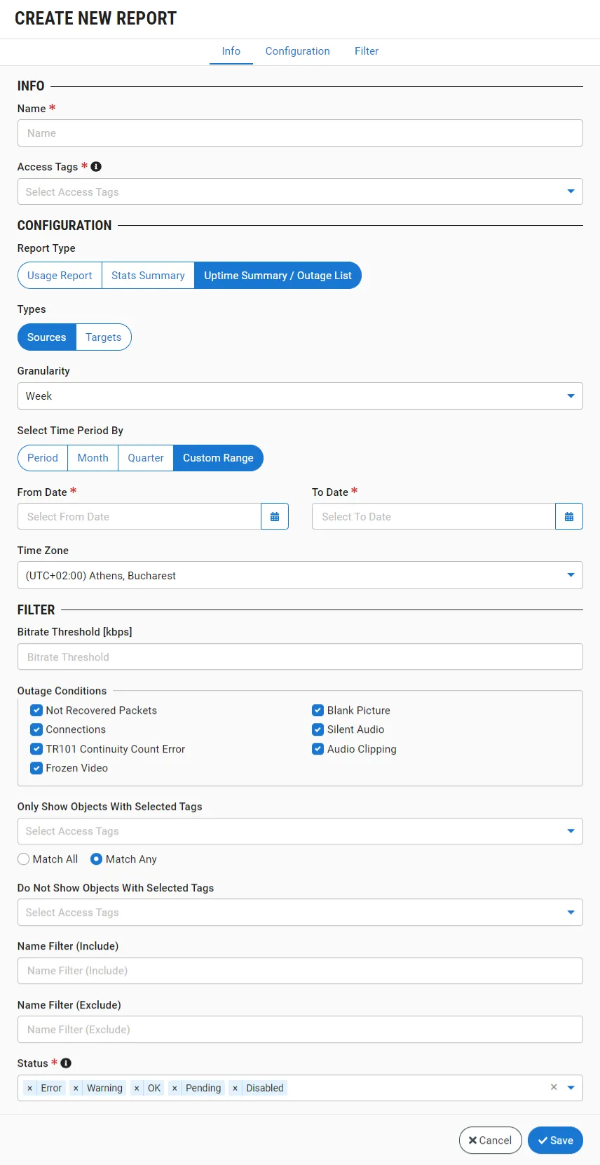 Create New Report window Create New Report window