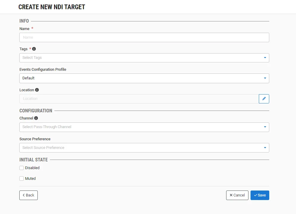 Create New NDI Target window