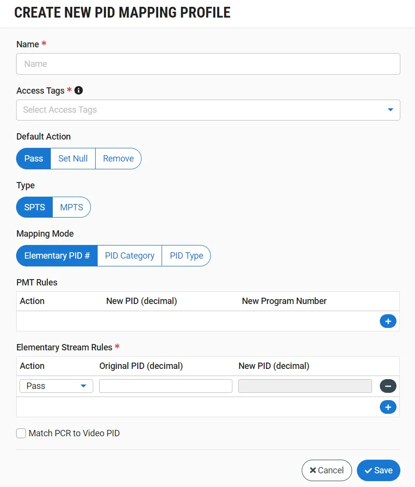Create New PID Mapping Profile screen