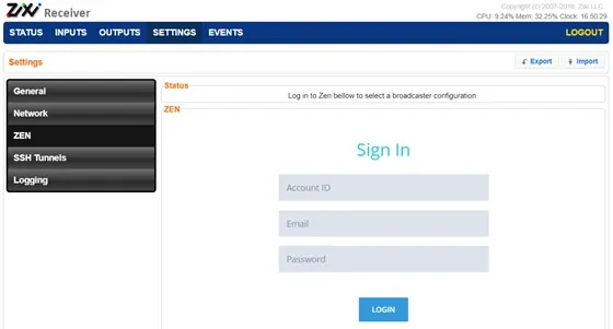ZEN Master login screen ZEN Master login screen