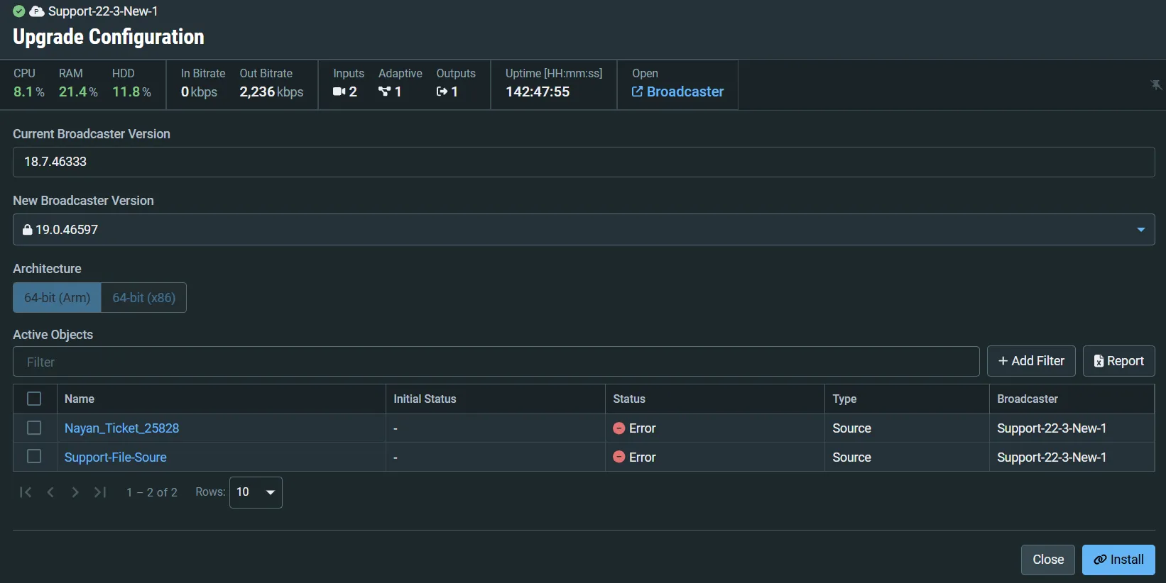 Upgrade configuration window screenshot