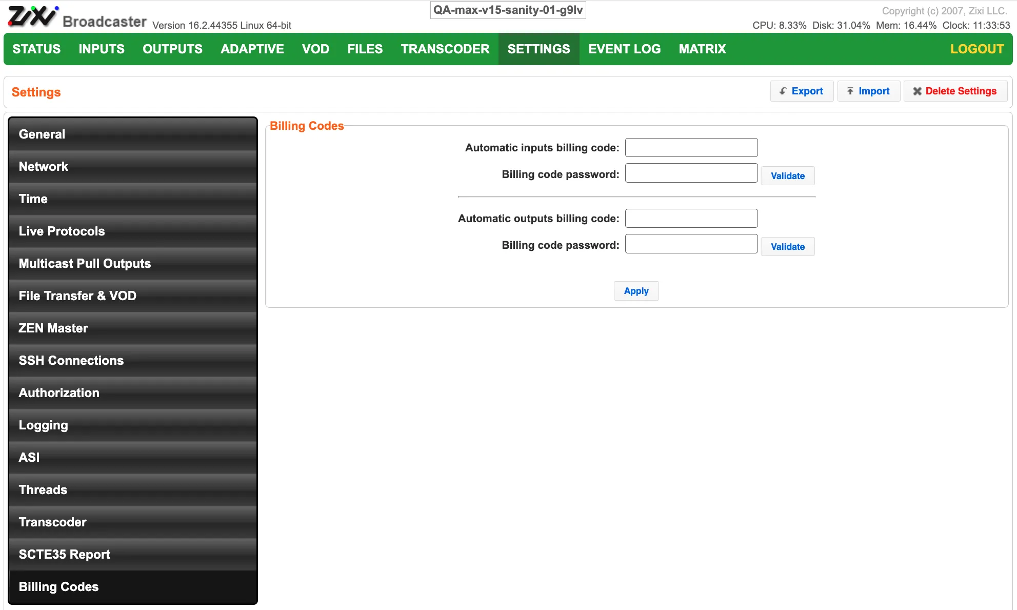 Billing Codes Settings Billing Codes Settings