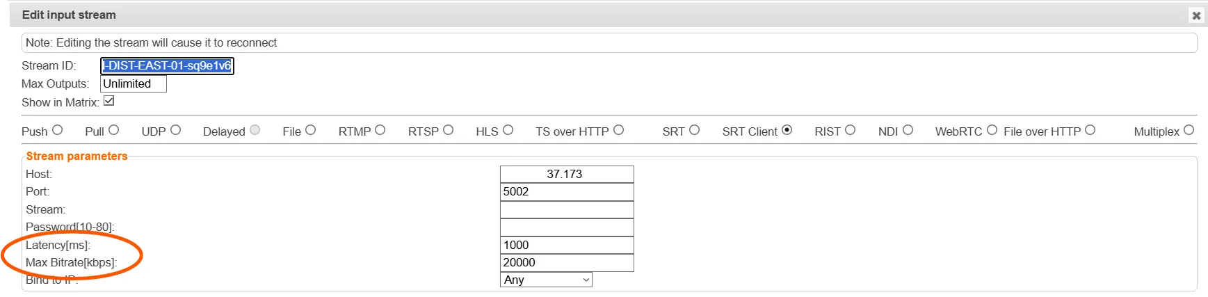 Input settings showing latency and max bitrate
