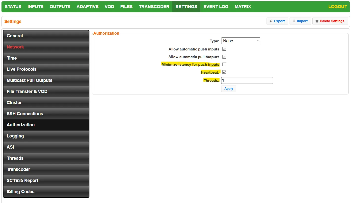 Authorization menu