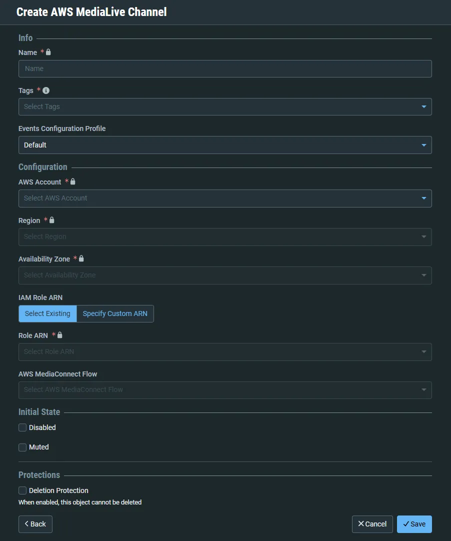 Create MediaLive Channel window