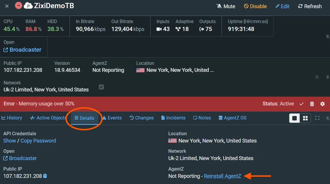 Details page showing install agent z tab