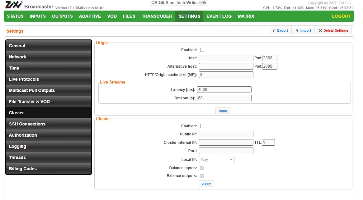 Cluster Configuration Settings