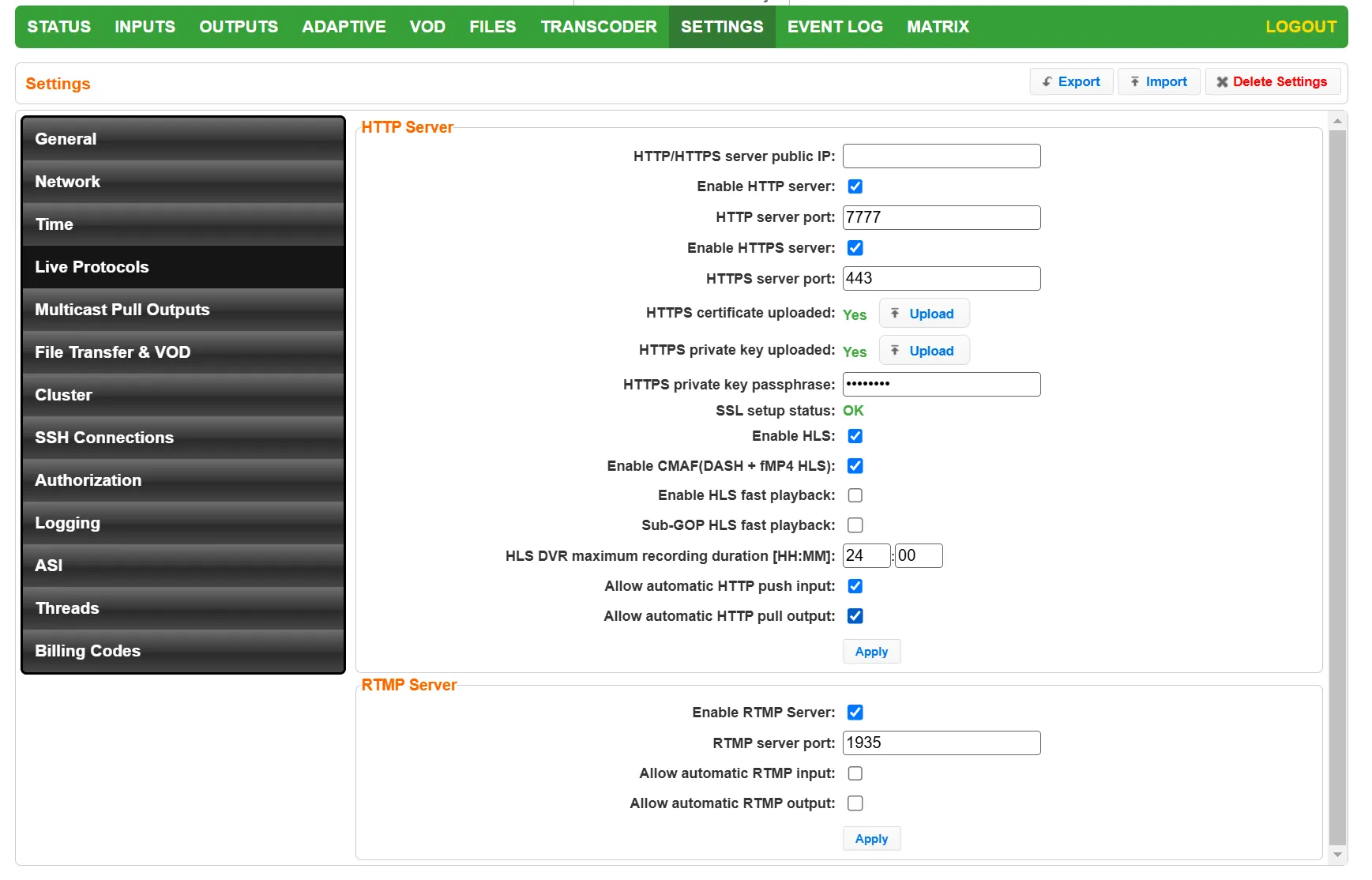 Live Protocol Settings